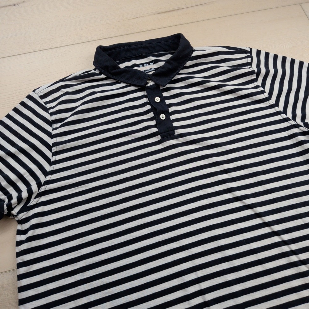 Helly Hansen Mens 2XL Striped Polo Shirt Navy Blue White Short Sleeve HH Logo